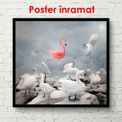 Постер - Розовый фламинго на абстрактном фоне, 100 x 100 см, Постер в раме