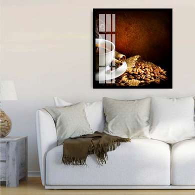 Poster - Ceașcă cu cafea pe fundal maro, 100 x 100 см, Poster înrămat, Alimente și Băuturi