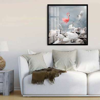 Poster - Pink flamingo on an abstract background, 100 x 100 см, Framed poster, Fantasy