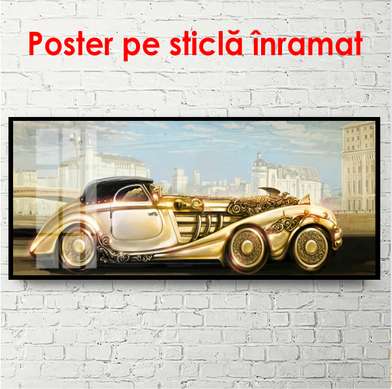 Poster - Mașină aurie din trecut, 150 x 50 см, Poster înrămat, Transport