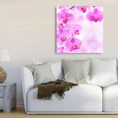 Poster - Purple orchids on a gentle background with highlights, 100 x 100 см, Framed poster, Flowers