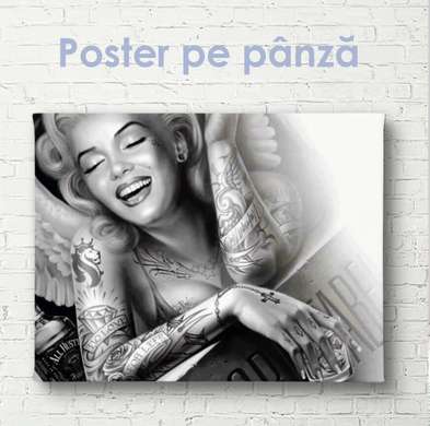 Постер - Мэрилин Монро с татуировками, 45 x 30 см, Холст на подрамнике, Черно Белые