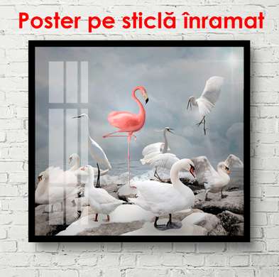 Постер - Розовый фламинго на абстрактном фоне, 100 x 100 см, Постер в раме