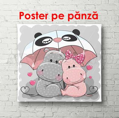 Poster - Hipopotami gri și roz sub o umbrelă, 100 x 100 см, Poster inramat pe sticla, Pentru Copii