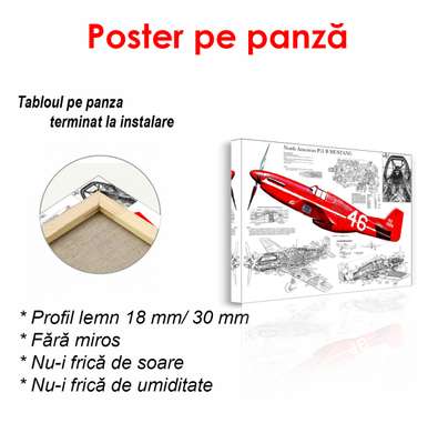 Постер - Красный самолет на фоне чертежей, 90 x 60 см, Постер в раме, Транспорт