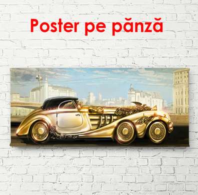 Poster - Mașină aurie din trecut, 150 x 50 см, Poster înrămat, Transport