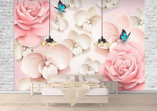 Фотообои - Розовые цветы и голубые бабочки