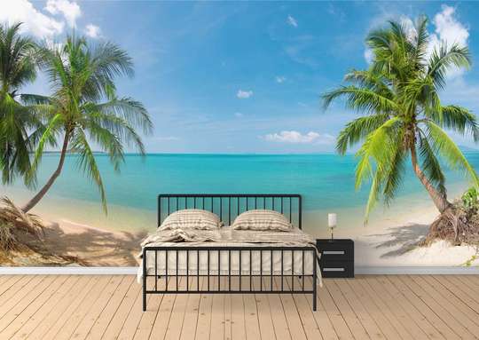 Фотообои с видом на пляж и пальмы.