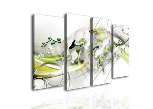 Модульная картина, Белая орхидея и зеленые узоры., 198 x 115