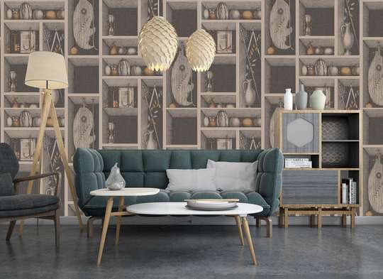 Wall Mural - Beige shelves with souvenirs on a brown background
