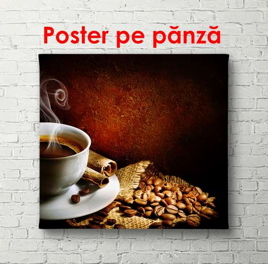 Poster - Ceașcă cu cafea pe fundal maro, 100 x 100 см, Poster înrămat
