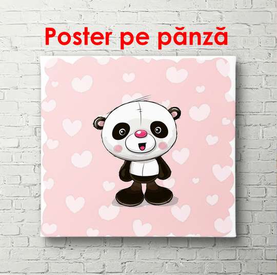 Poster - Ursul panda pe un fundal roz, 100 x 100 см, Poster înrămat, Pentru Copii