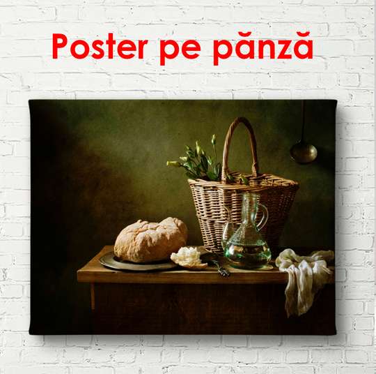 Постер - Натюрморт на столе на фоне зеленой стены, 90 x 60 см, Постер в раме