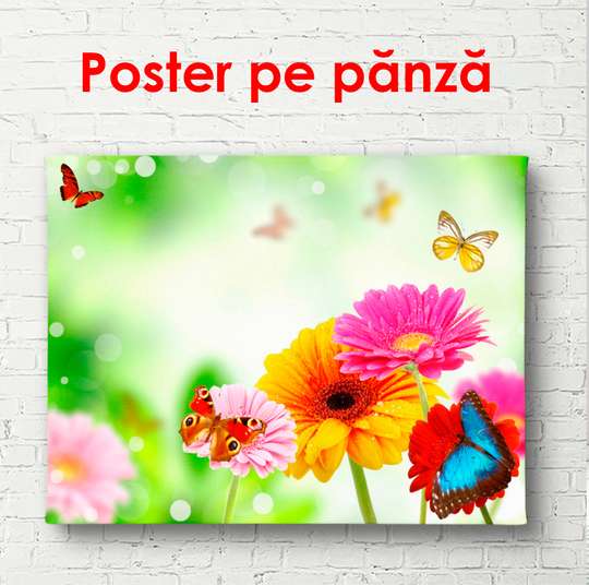 Постер - Яркие весенние цветы с бабочками, 90 x 60 см, Постер в раме