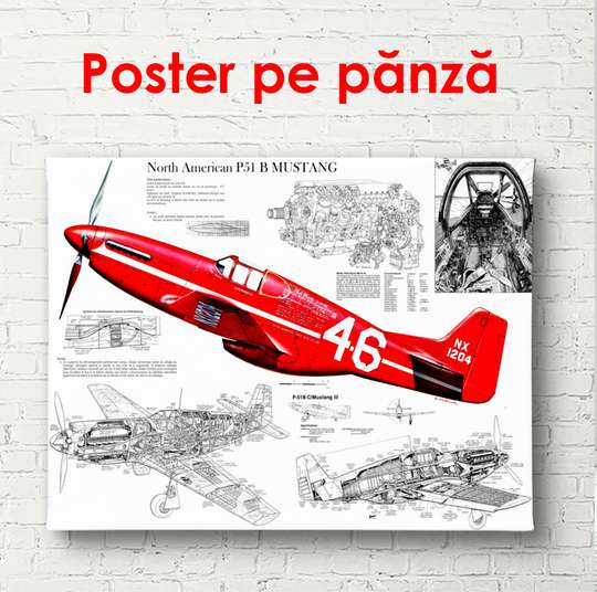 Постер - Красный самолет на фоне чертежей, 90 x 60 см, Постер в раме