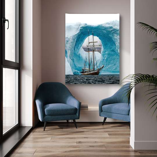 Poster - Ship on the background of glaciers, 30 x 45 см, Canvas on frame, Marine Theme