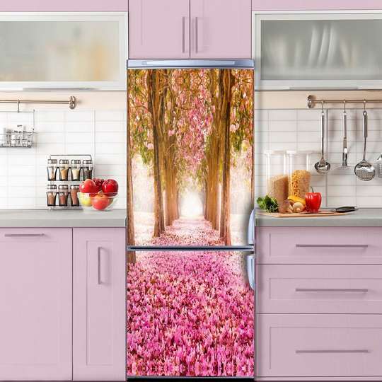 3Д наклейка на дверь, Аллея с розовыми цветами, 60 x 90cm