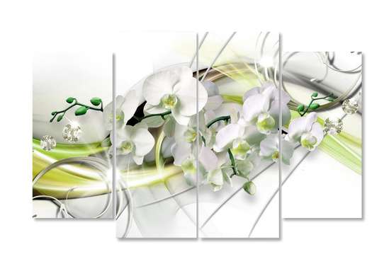 Modular picture, White orchid and green patterns., 198 x 115