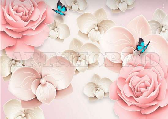 Wall Mural - Pink flowers and blue butterflies