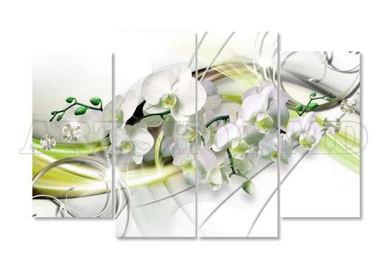 Tablou Pe Panza Multicanvas, Orhidee albă și desene verzi., 106 x 60