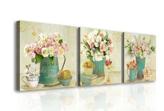 Tablou Pe Panza Multicanvas, Buchete delicate de flori, 135 x 45
