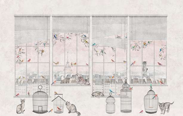 Wall mural for the nursery - Cats and birds by the window