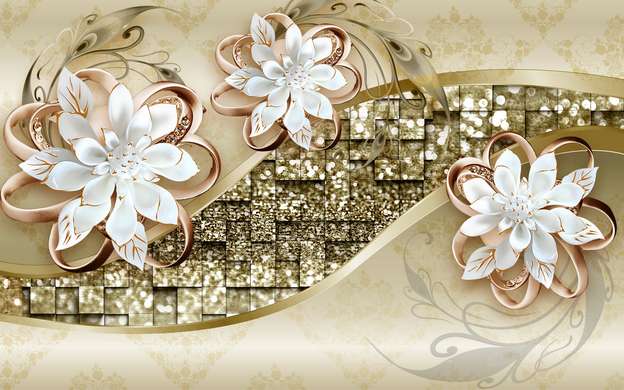 Wall Mural - White flowers on a golden background