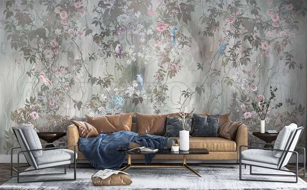 Wall mural - Leaves and spring birds