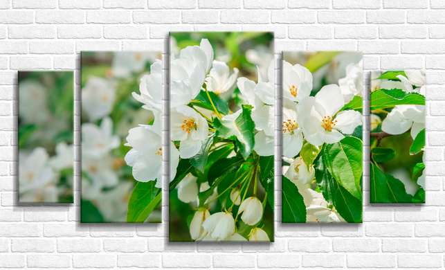 Modular picture, White flowers on a green branch, 108 х 60