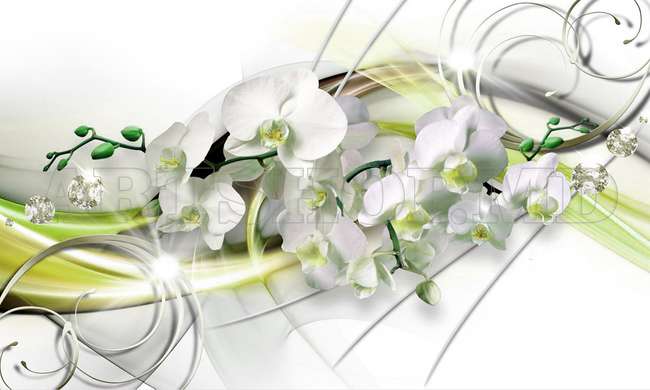 Tablou Pe Panza Multicanvas, Orhidee albă și desene verzi., 106 x 60