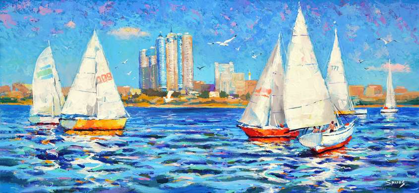 Poster - Yachts with sails, 90 x 45 см, Framed poster on glass, Art