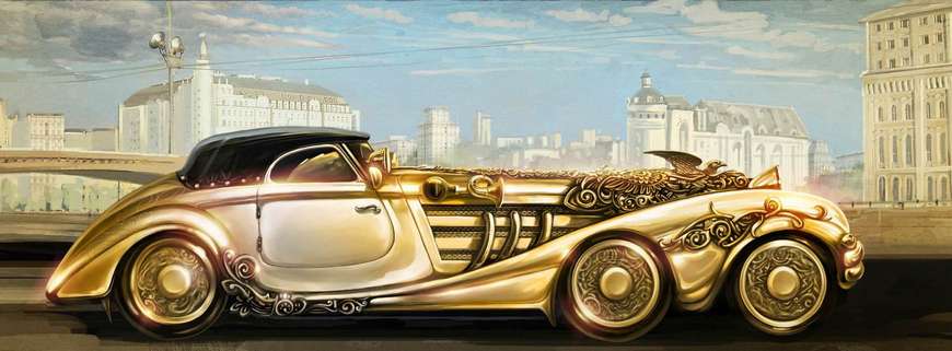 Постер - Золотая машина из прошлого, 150 x 50 см, Постер в раме, Транспорт