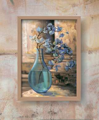 Постер - Стеклянная голубая ваза с цветком на столе, 60 x 90 см, Постер в раме