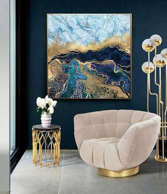 Poster - Gold and blue marble, 100 x 100 см, Framed poster on glass