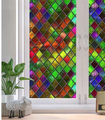 Autocolant pentru Ferestre, Vitraliu decorativ cu romburi geometrice multicolore, 60 x 90cm, Mat, Autocolant Vitraliu