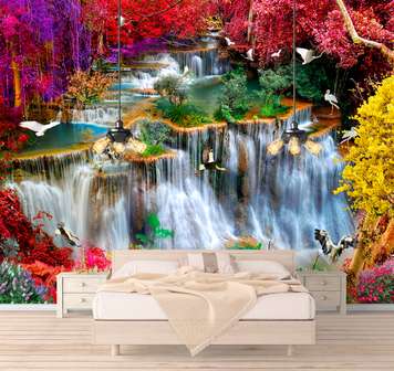 Wall Mural - Fairy red park with a waterfall