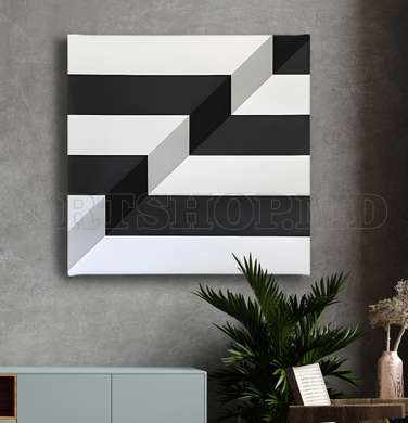 Poster - Black and white linear abstraction, 100 x 100 см, Framed poster on glass, Abstract