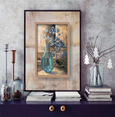 Poster - Glass blue vase with a flower on the table, 60 x 90 см, Framed poster on glass