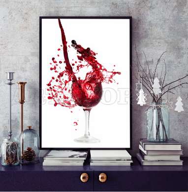 Poster - Paharul cu vin roșu și stropi pe un fundal alb, 45 x 90 см, Poster inramat pe sticla, Alimente și Băuturi