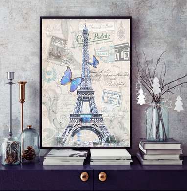 Постер - Эйфелева башня с синей бабочкой, 60 x 90 см, Постер в раме, Прованс
