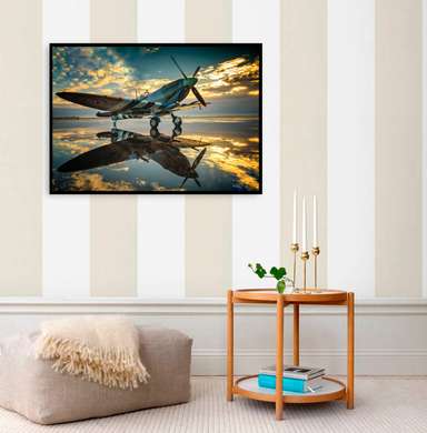 Poster - Airplane at sunset, 45 x 30 см, Canvas on frame, Transport