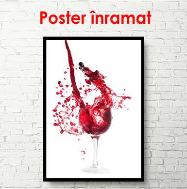 Постер - Бокал с красным вином и брызгами на белом фоне, 45 x 90 см, Постер в раме, Еда и Напитки