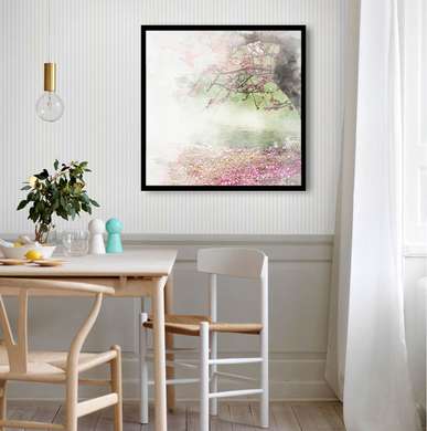 Постер - Дерево в цветах в тумане, 40 x 40 см, Холст на подрамнике, Ботаника