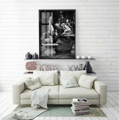Poster - Angel and girl, 60 x 90 см, Framed poster on glass, Black & White