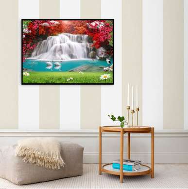 Poster - Amazing autumn waterfall in the forest, 90 x 60 см, Framed poster on glass, Nature