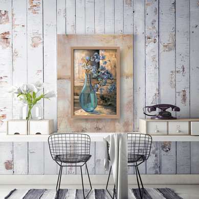 Постер - Стеклянная голубая ваза с цветком на столе, 60 x 90 см, Постер в раме