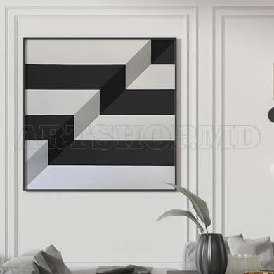 Poster - Black and white linear abstraction, 100 x 100 см, Framed poster on glass, Abstract