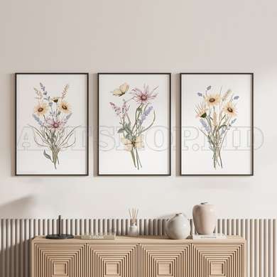 Poster - Bouquet of summer flowers, 60 x 90 см, Framed poster on glass, Sets