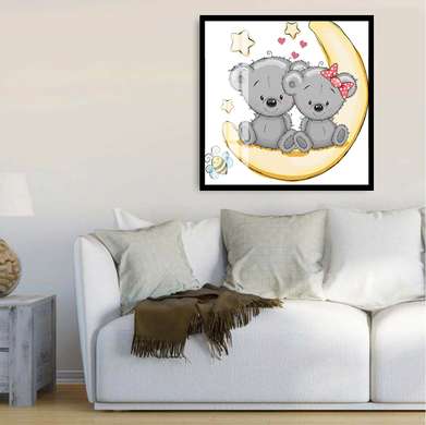 Poster - Pui de koala drăgălași pe lună, 40 x 40 см, Panza pe cadru, Pentru Copii