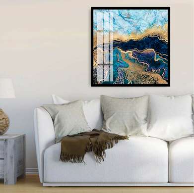 Poster - Marmură albastră cu auriu, 100 x 100 см, Poster inramat pe sticla